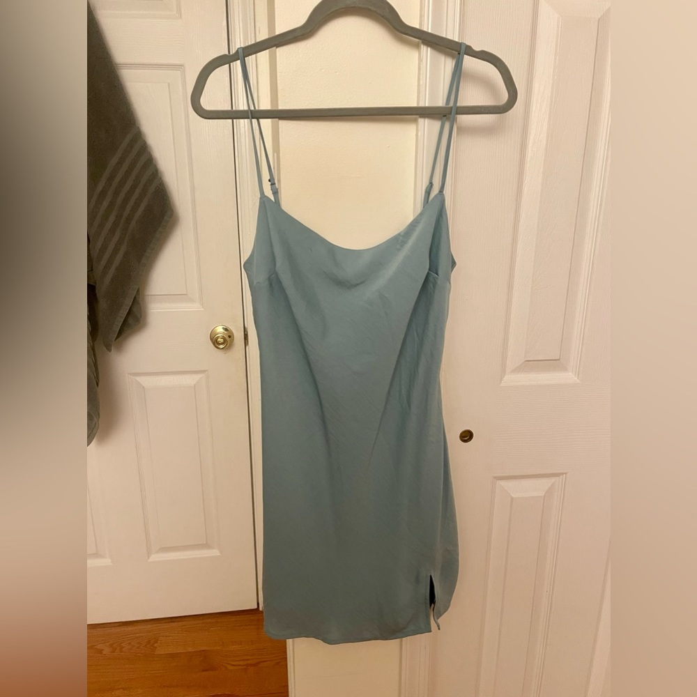 Glassons Silky Split Front Dress in Sea Monkey (Dusty Blue Silk Slip Dress)